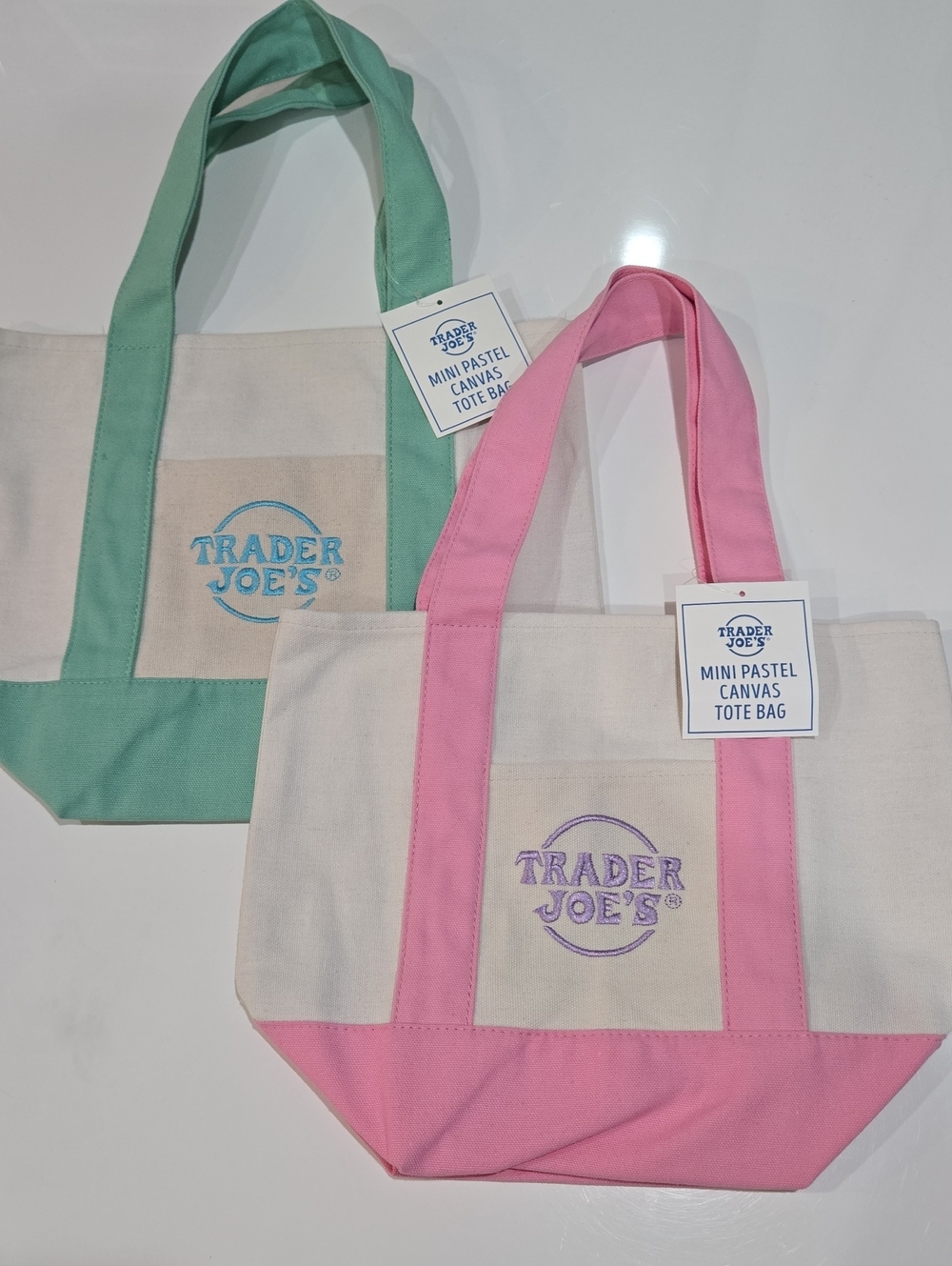 2 Trader Joes Mini Pastel Canvas Tote Bags - Green And Pink
